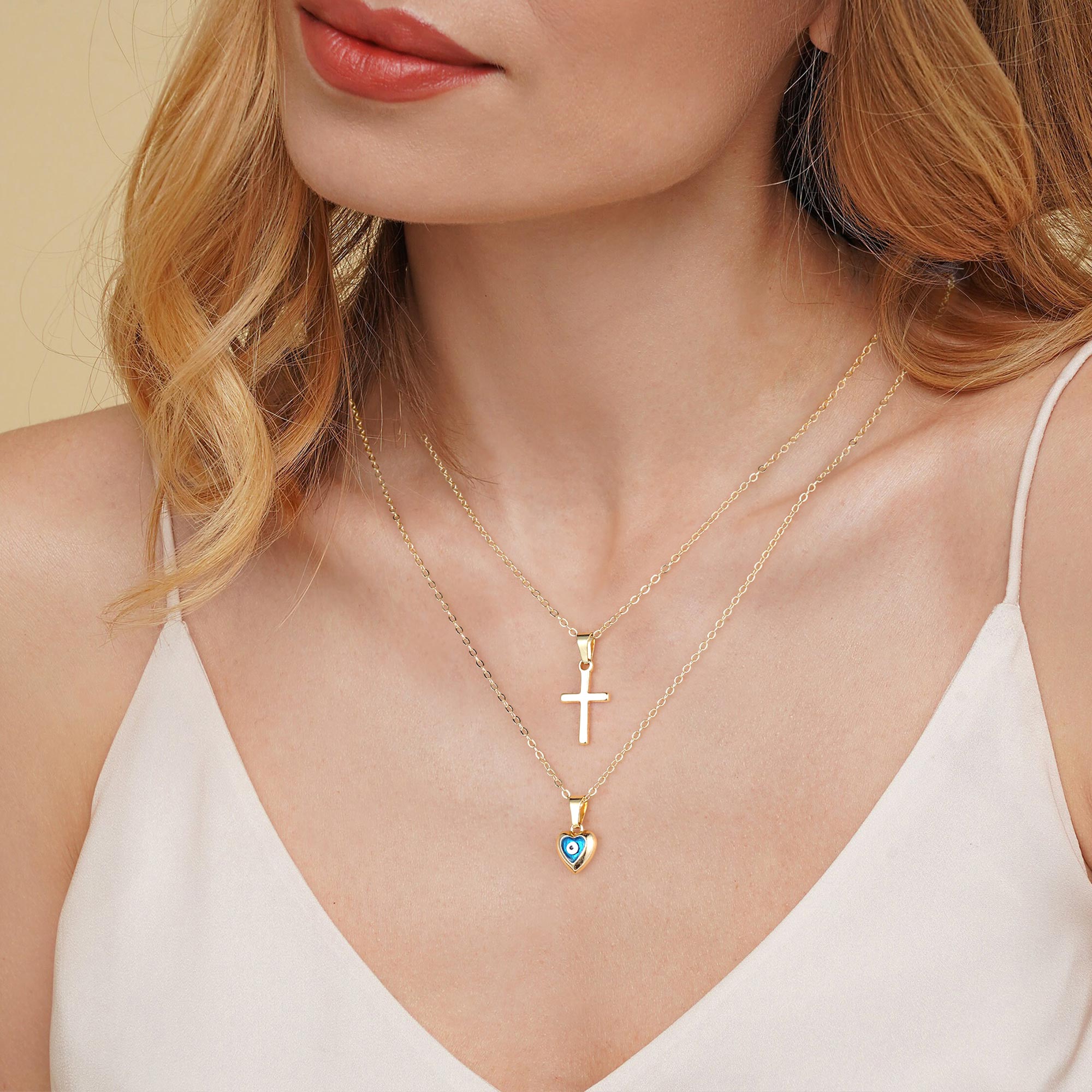 Gold Layered Cross & Evil Eye Necklace for Women