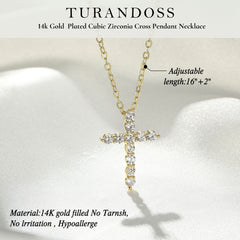 Turandoss Dainty Gold Cross Necklaces for Women Trendy, Diamond Necklace Hypoallergenic, Gold Jewelry for Women, Birthday Gifts for Her, 16+2.5in Gold
