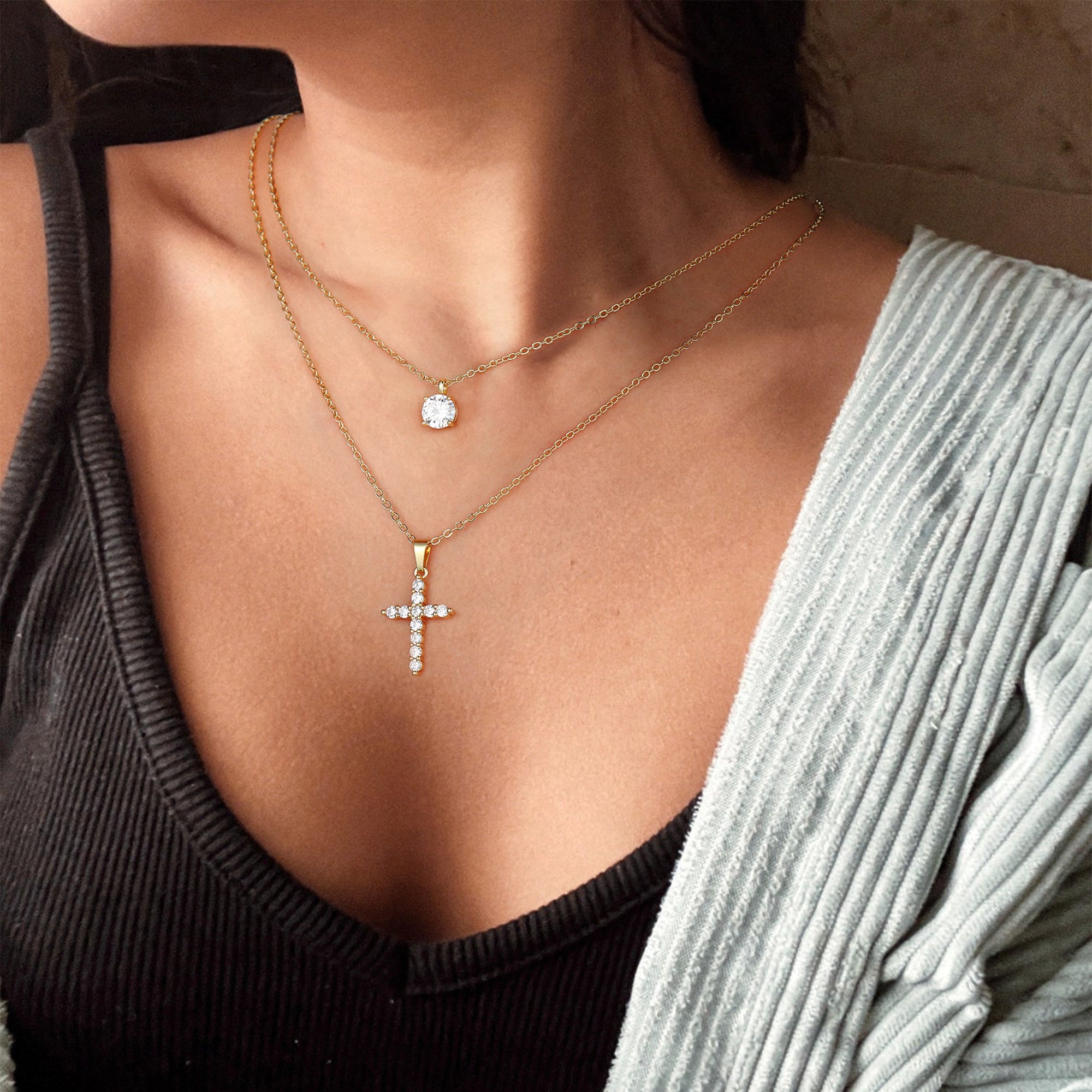 Gold Layered Cross & Diamond Necklace for Women