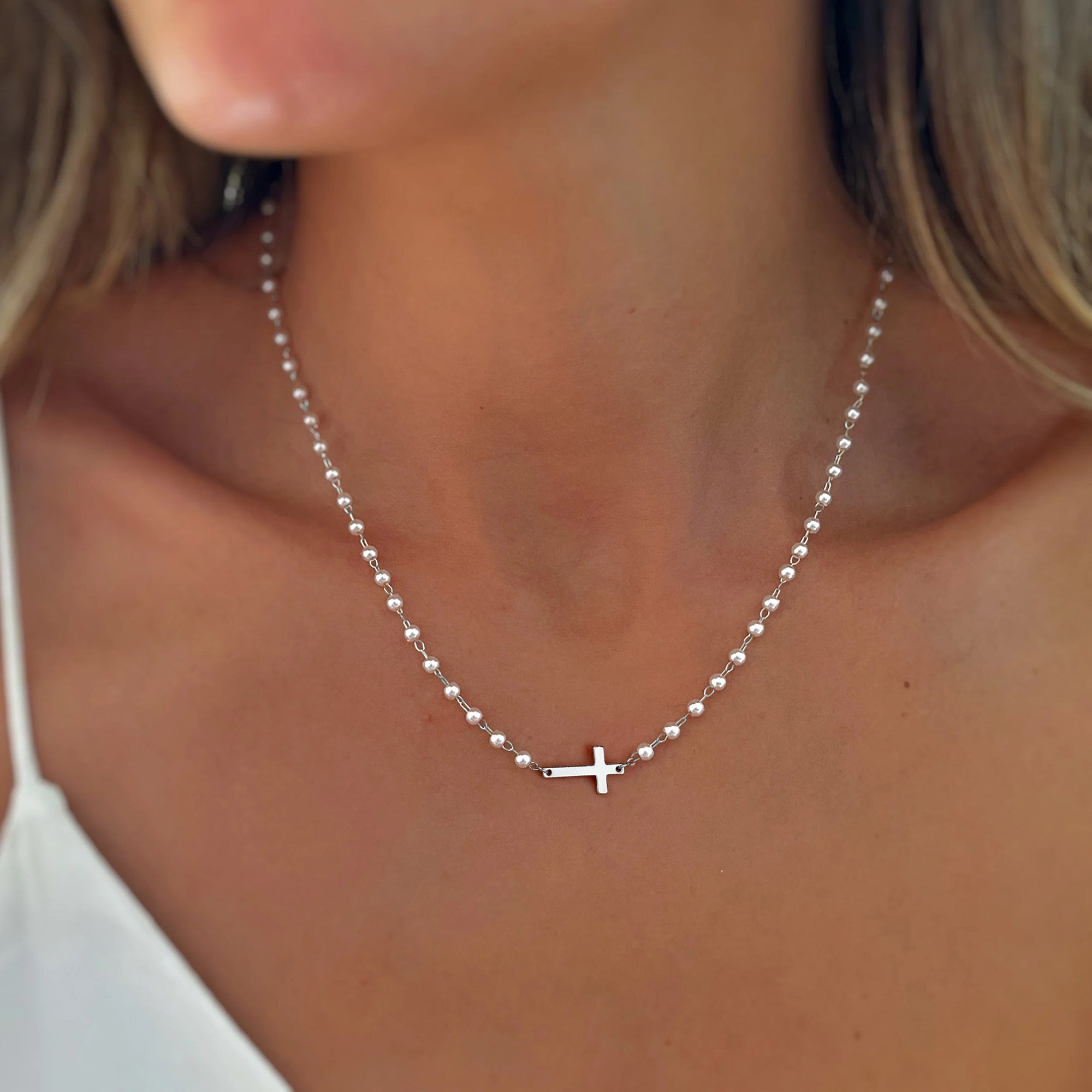 Gold Sideway Cross & Pearl Chain Necklace for Women