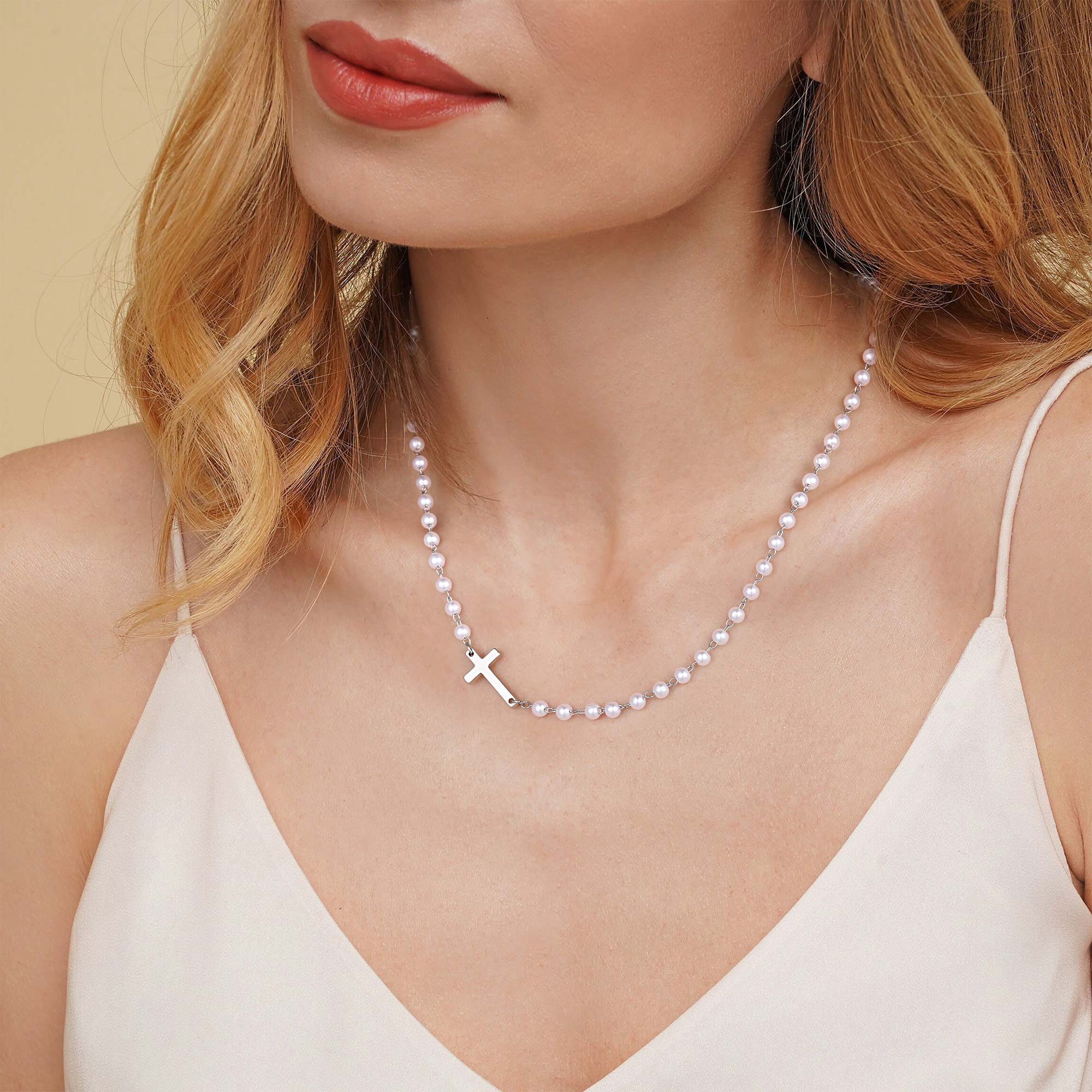Gold Sideway Cross & Pearl Chain Necklace for Women