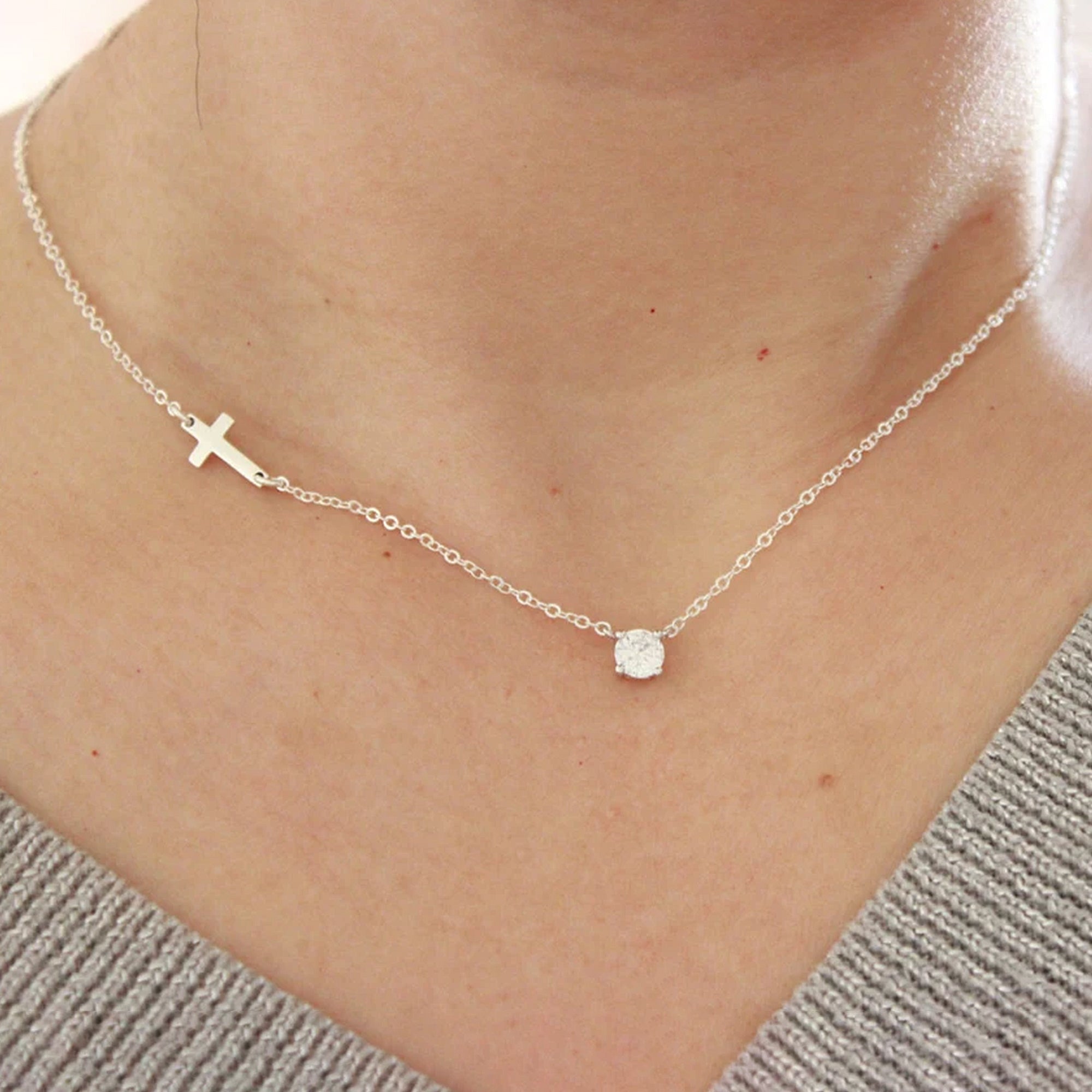 Gold Diamond & Sideway Cross Necklace for Women