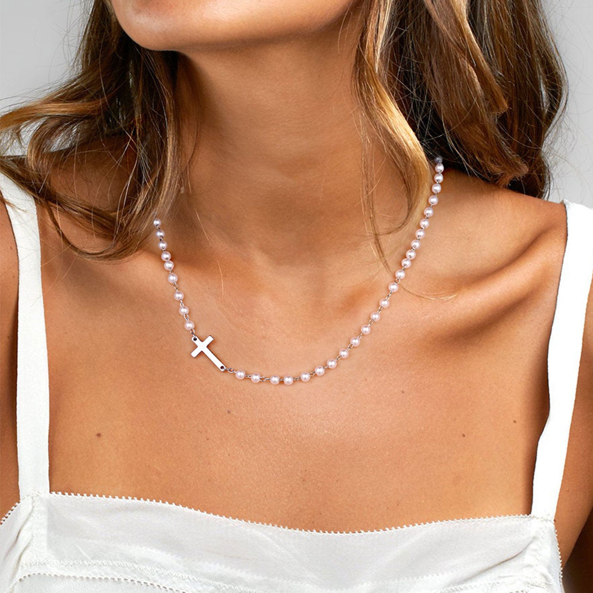 Gold Sideway Cross & Pearl Chain Necklace for Women