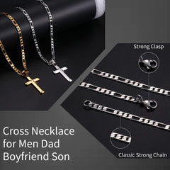 Turandoss S925 Sterling Silver Cross Necklace for Men Boys, Gold Silver Black Cross Pendant Necklace, Fathers Day Christmas Valentines Gifts for Men