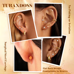 Turandoss 14Pairs Flat Back Stud Earrings for Women Girls, Heart Pearl CZ Hoop Huggie Cartilage Earring, Birthday Valentine's Day Gifts for Wife Mom
