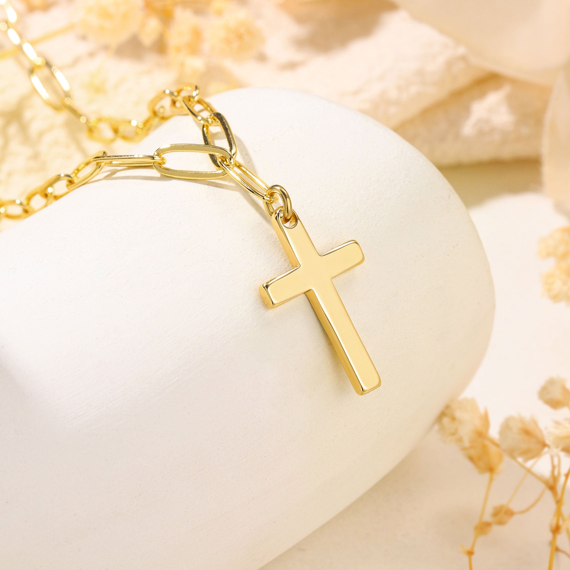 Gold Paperclip Chain Cross Necklace for Women