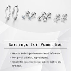 Turandoss Silver Flat Back Stud Earrings Set for Women Girls, Hypoallergenic Hoop Huggie Cartilage Earring, Birthday Valentine's Day Gifts for Women