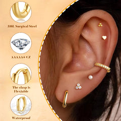 Turandoss 14Pairs Flat Back Stud Earrings for Women Girls, Heart Pearl CZ Hoop Huggie Cartilage Earring, Birthday Valentine's Day Gifts for Wife Mom