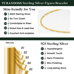 Turandoss S925 Sterling Silver Chain Bracelets for Women Men, 3mm Figaro Chains, Sterling Silver Jewelry, Graduation Gifts for Women, Girls, 2026