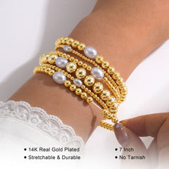 Turandoss Gold Beaded Bracelets for Girls Women, 18K Gold Bead Bracelet Stack for Kids, Colorful Layered Pearl Bracelet Set, Christmas Gifts for Girls