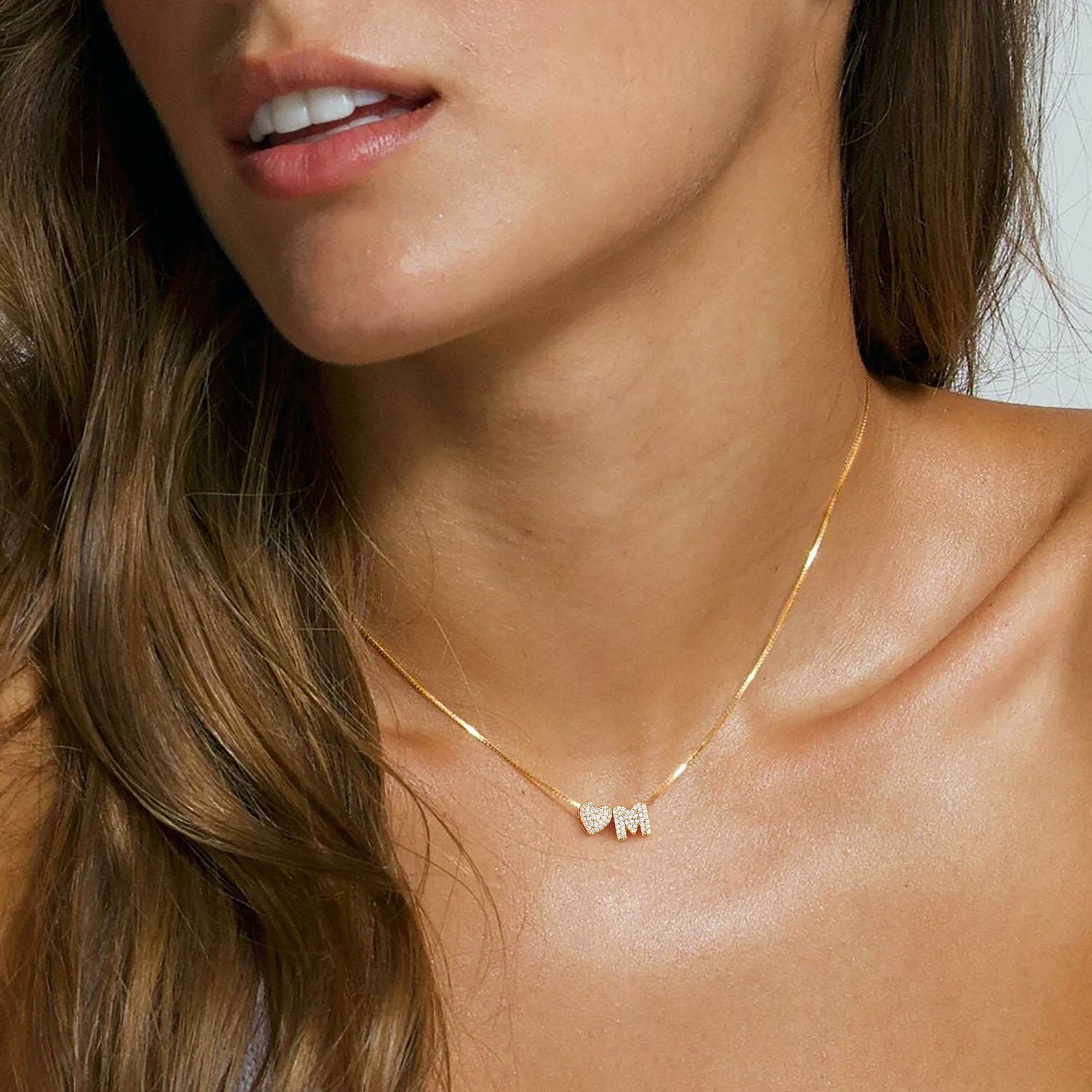 Gold Initial Letter & Heart Necklace for Women