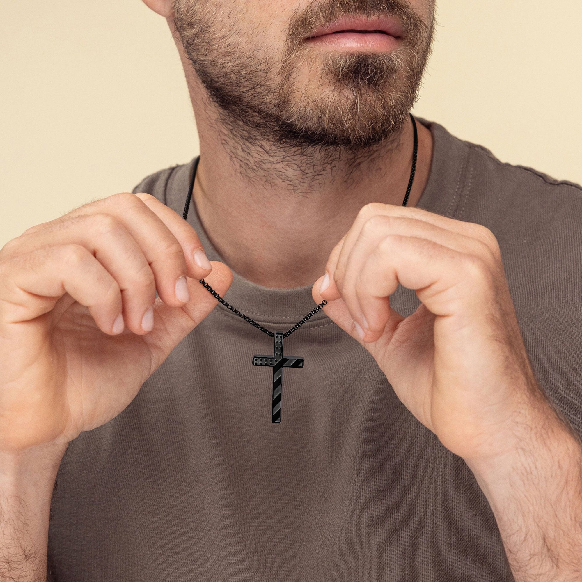 Truandoss 2Pcs Silver Black Cross Necklace for Men Boys - Stainless Steel American Flag Cross Pendant Necklaces,  Fathers Day Christmas Jewelry  Gifts