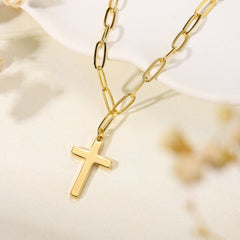 Gold Paperclip Chain Cross Necklace for Women