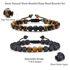 Turandoss 2PCS Natural Tiger Eye Stone Beaded Bracelets for Men Boys, Matte Agate, Lava Rock Bracelet, Birthday Jewelry Gifts for Men Boys, Adjustable