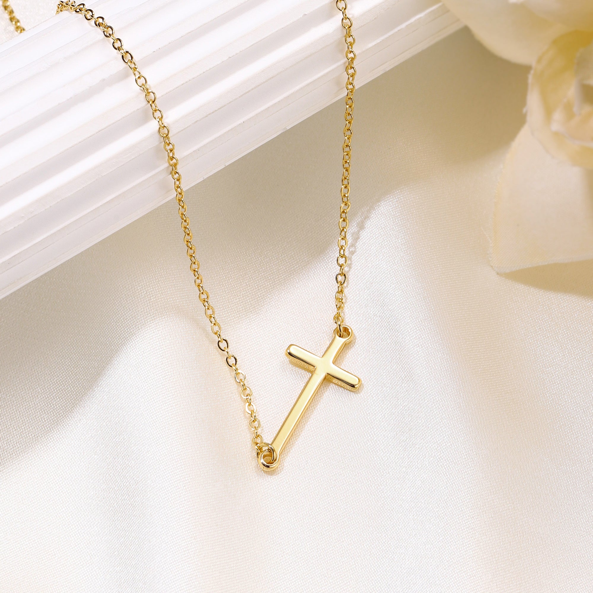 Gold Sideway Cross Necklace for Women