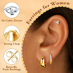 Turandoss 6Pairs Flat Back Stud Earrings for Women Girls, CZ Hoop Huggie Cartilage Clip on Earring, Birthday Gift, Valentine's Day Gifts for Wife Mom