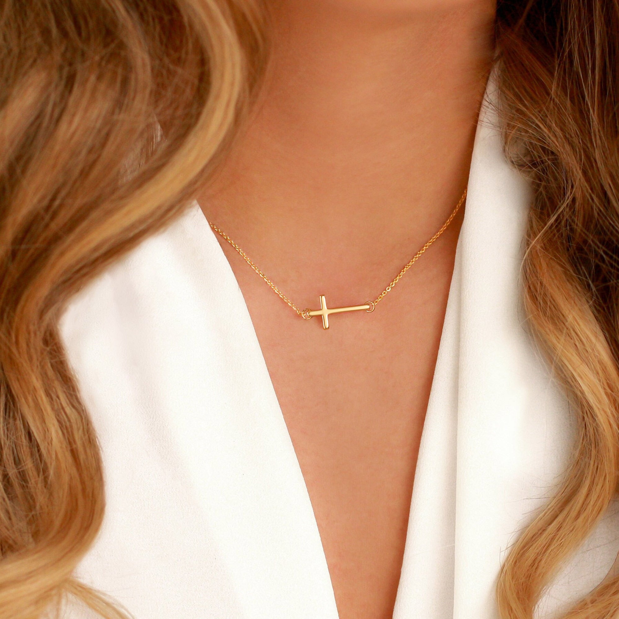 Gold Tiny Sideway Cross Necklace for Women