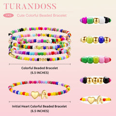 Turandoss 5PCS Gold Heart Initial Bracelets for Women Girls - Colorful Boho Stretch Beaded Bracelet Set for Kids, Birthday Gifts for Girl Age 6 -14