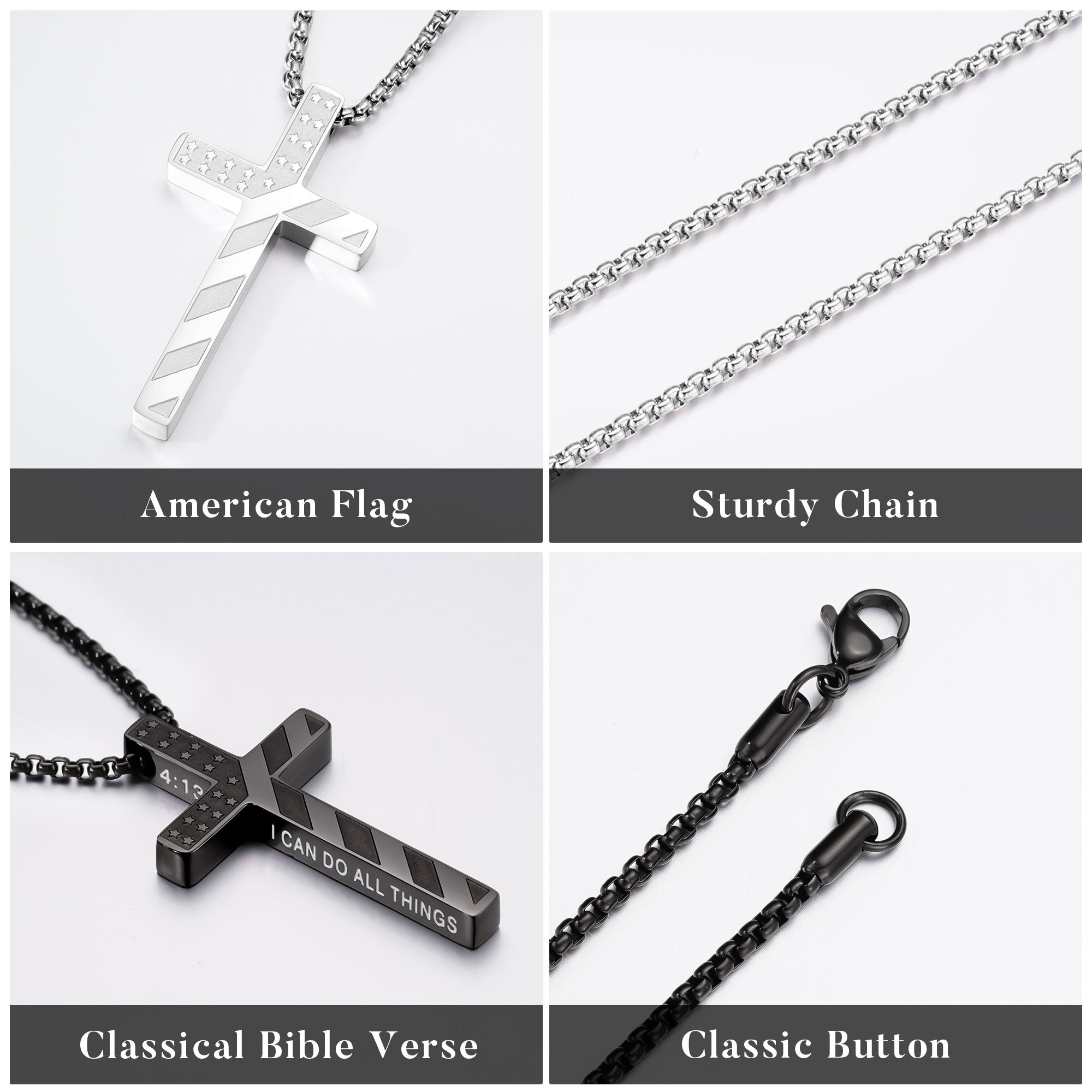 Truandoss 2Pcs Silver Black Cross Necklace for Men Boys - Stainless Steel American Flag Cross Pendant Necklaces,  Fathers Day Christmas Jewelry  Gifts