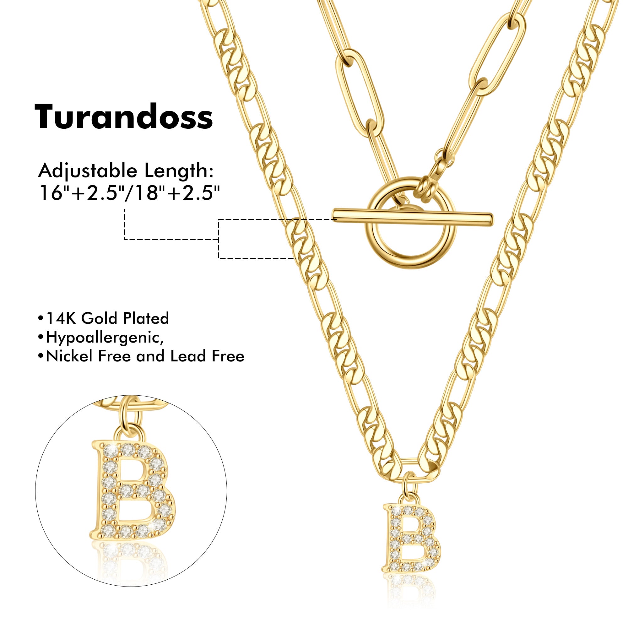 Dainty Gold Layering CZ Pendant Initial Toggle OT Clasp Necklace
