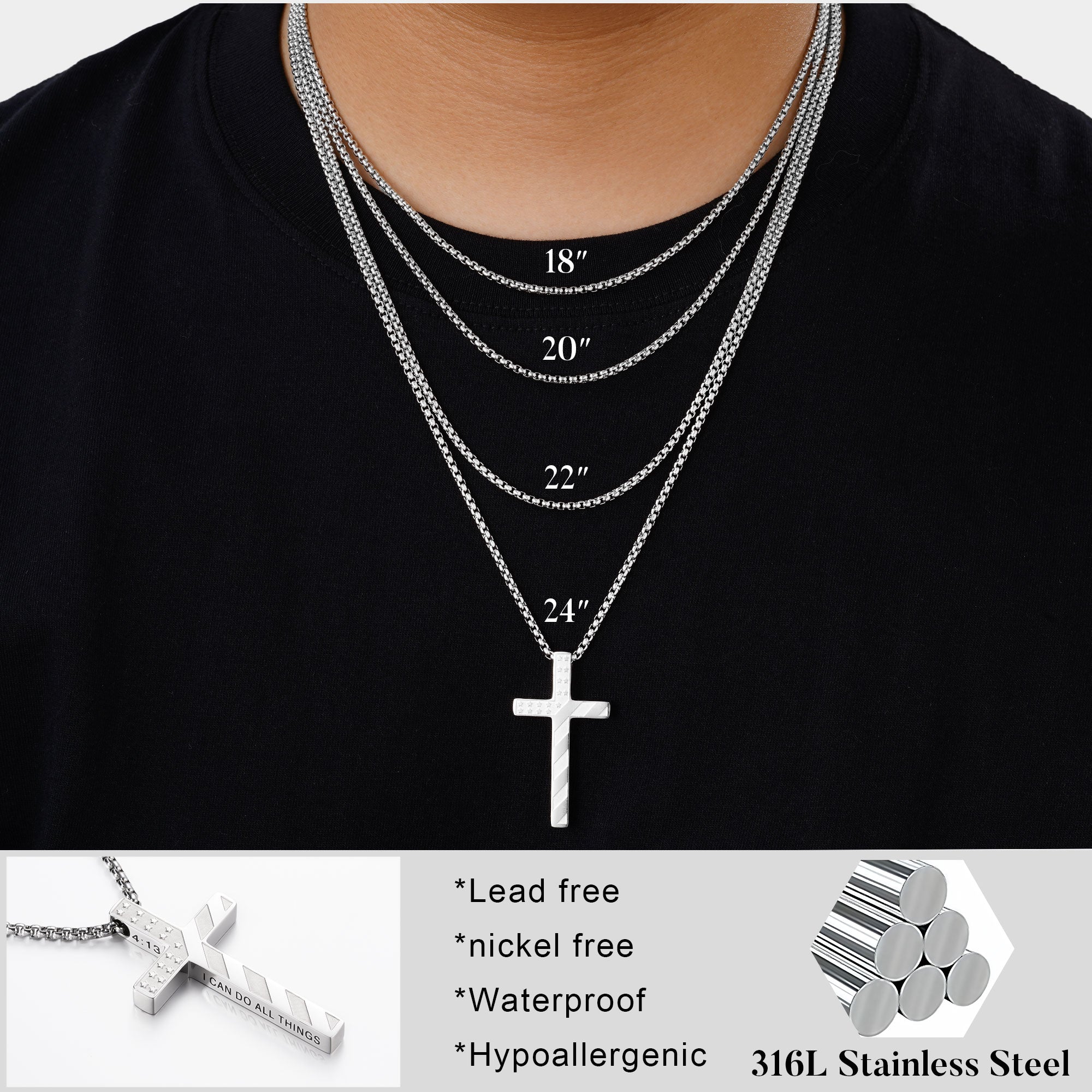 Truandoss 2Pcs Silver Black Cross Necklace for Men Boys - Stainless Steel American Flag Cross Pendant Necklaces,  Fathers Day Christmas Jewelry  Gifts