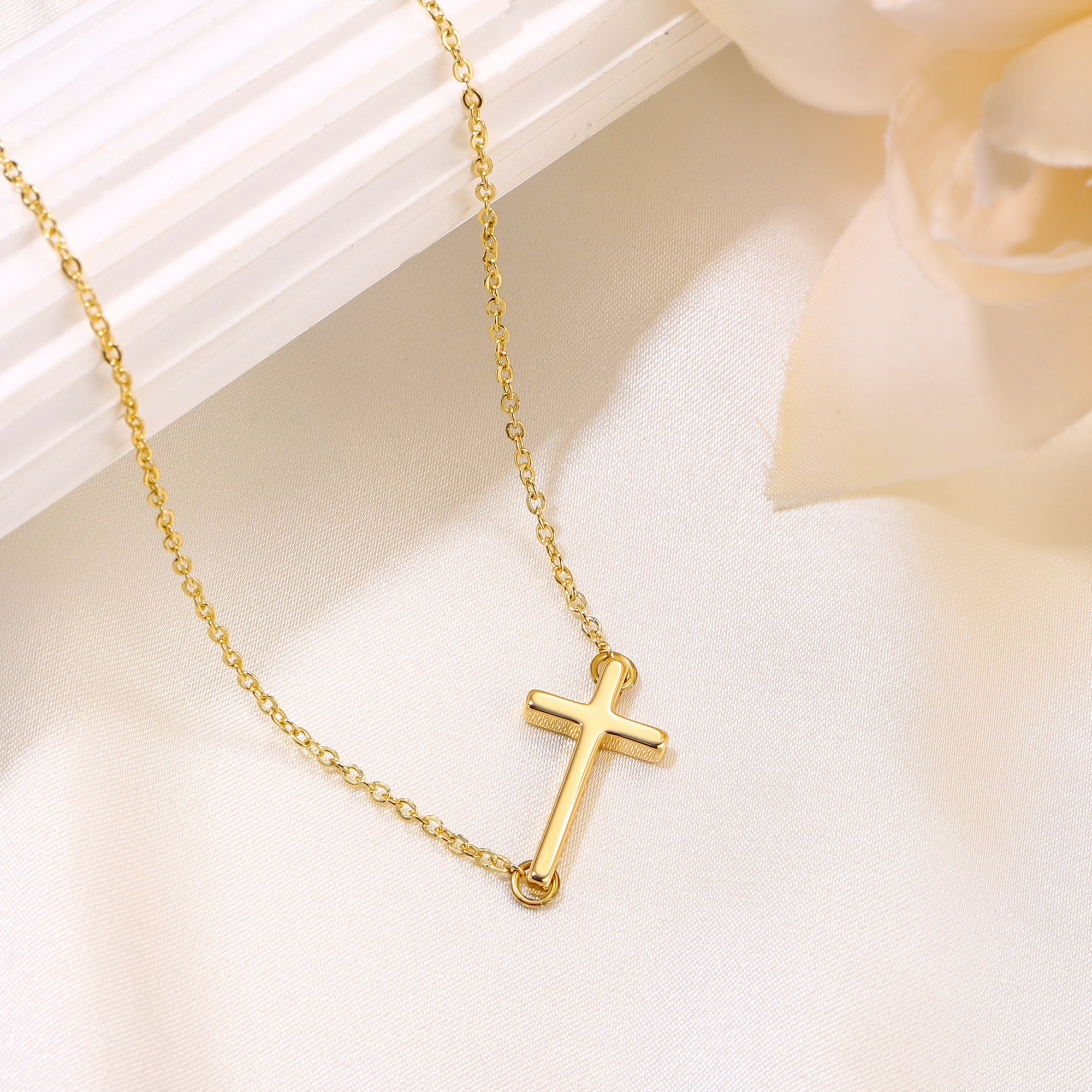 Gold Tiny Sideway Cross Necklace for Women