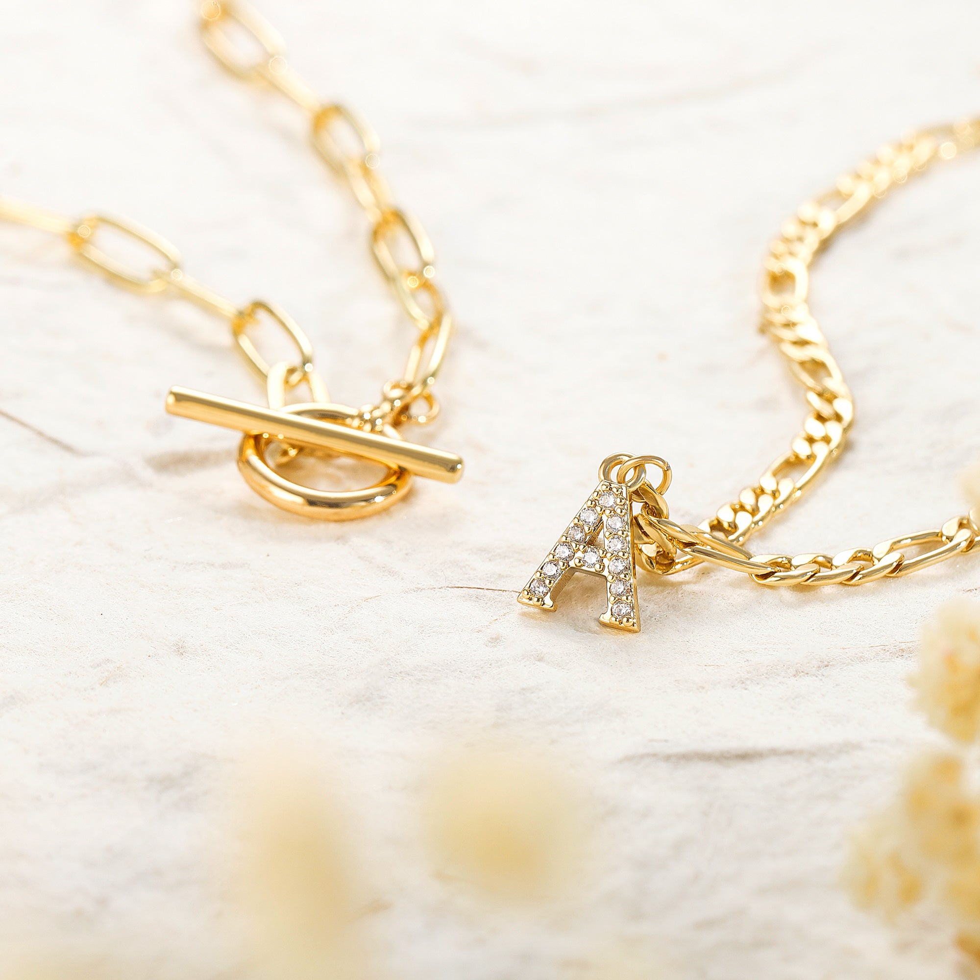 Dainty Gold Layering CZ Pendant Initial Toggle OT Clasp Necklace