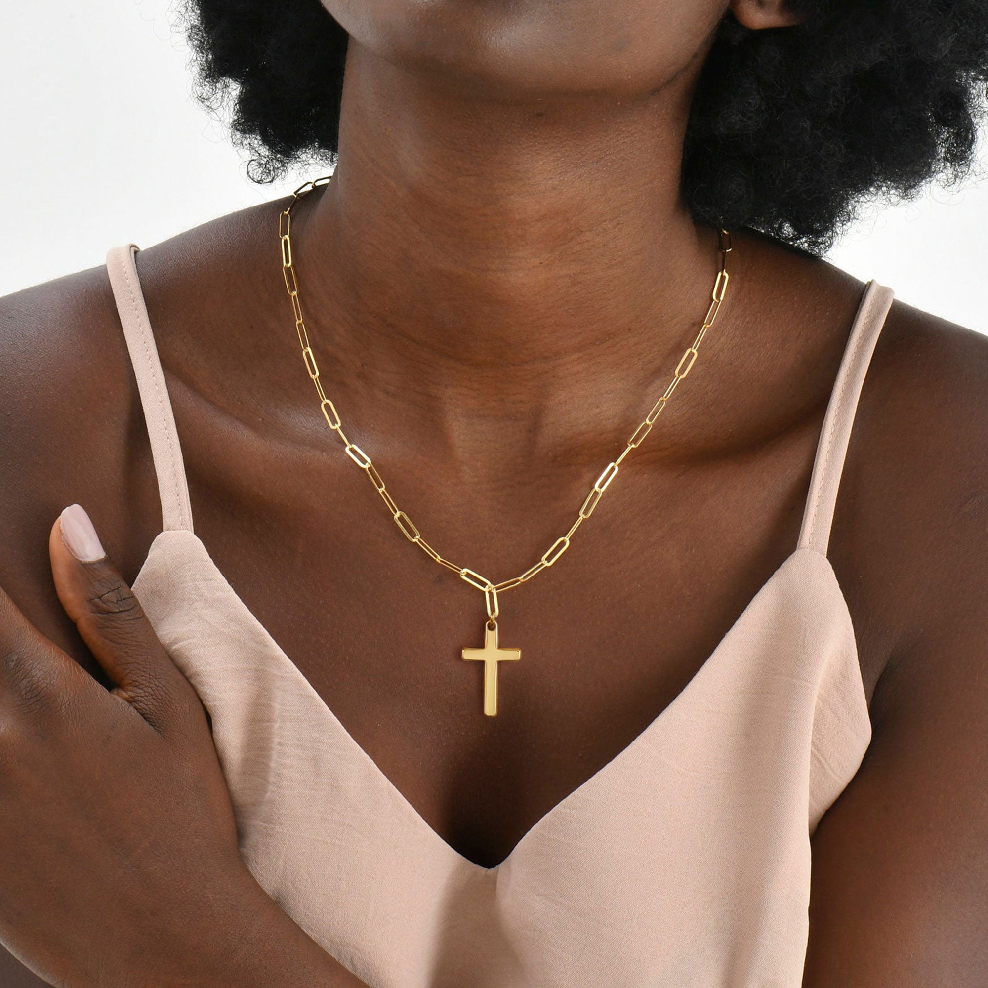 Gold Paperclip Chain Cross Necklace for Women