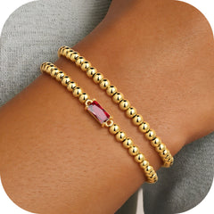 Turandoss Beaded Birthstone Bracelet for Women 14K Gold Plated Garnet Red Color Birthstone Bracelet for Women Stretch Beaded Bracelets January Jewelry Birthday Gifts for Womens