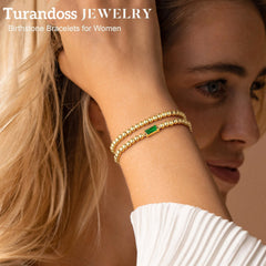 Turandoss Beaded Birthstone Bracelet for Women 14K Gold Plated Garnet Red Color Birthstone Bracelet for Women Stretch Beaded Bracelets January Jewelry Birthday Gifts for Womens