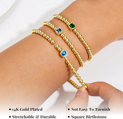 Turandoss January Birthstone Bracelets for Women Dainty Created Garnet Red Square Birthstone Elastic 14K Gold Plated Bracelet Trendy Birthday Jewelry Gifts for Women