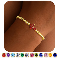 Turandoss Cross Birthstone Bracelets for Women Dainty 14K Gold Plated Cross Charm Created Garnet January Jesus Beaded Elastic Personalized Jewelry Birthday Gift for Teenage Girl Gifts Ages 8-10