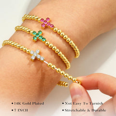 Turandoss Cross Birthstone Bracelets for Women Dainty 14K Gold Plated Cross Charm Created Garnet January Jesus Beaded Elastic Personalized Jewelry Birthday Gift for Teenage Girl Gifts Ages 8-10