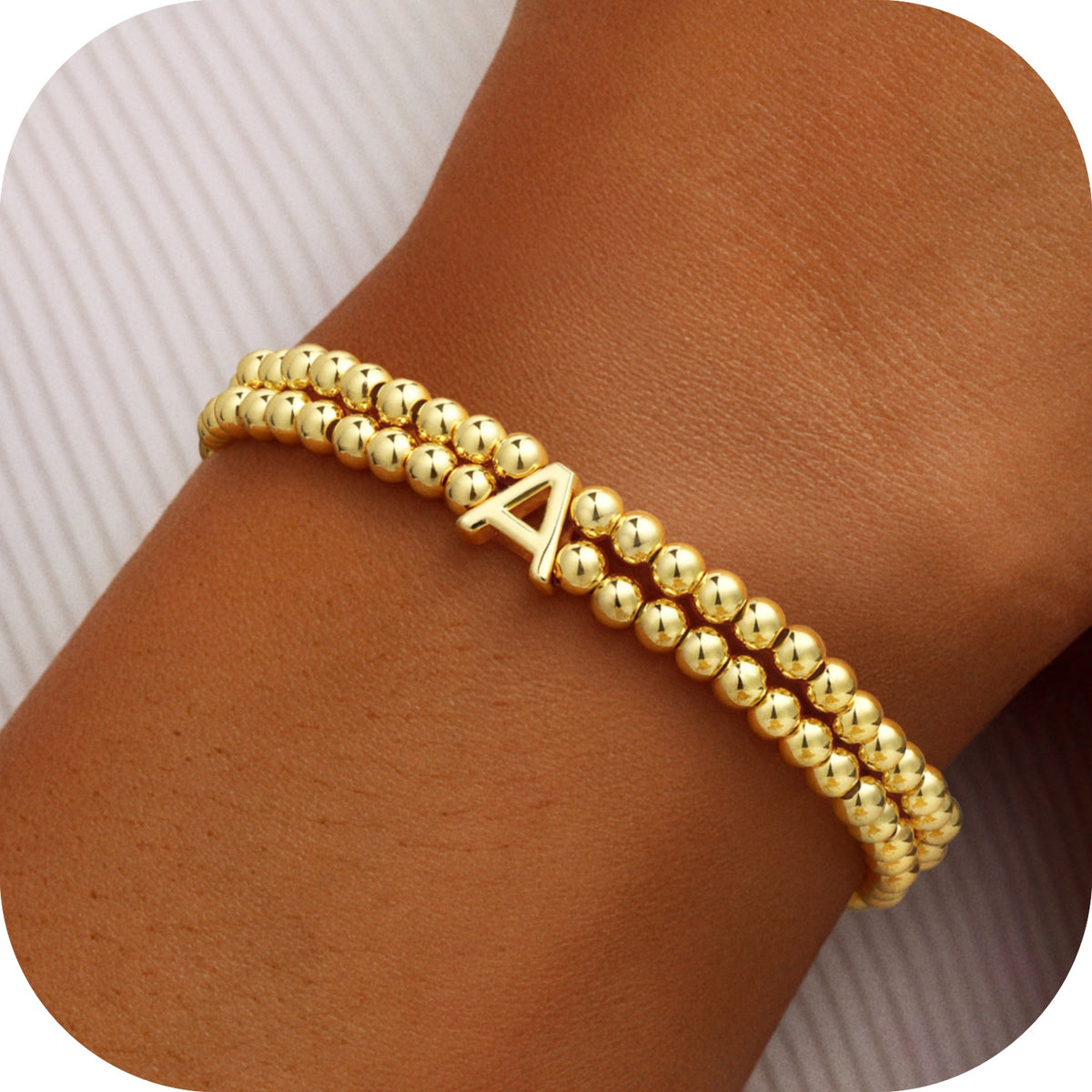 Turandoss Initial Bracelets for Women Dainty 14K Gold Plated Round Bead Ball Letter A Charm Stretch Bracelet Trendy Stack Jewelry Birthday Gifts for Women Sister Wife