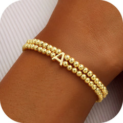 Turandoss Initial Bracelets for Women Dainty 14K Gold Plated Round Bead Ball Letter A Charm Stretch Bracelet Trendy Stack Jewelry Birthday Gifts for Women Sister Wife
