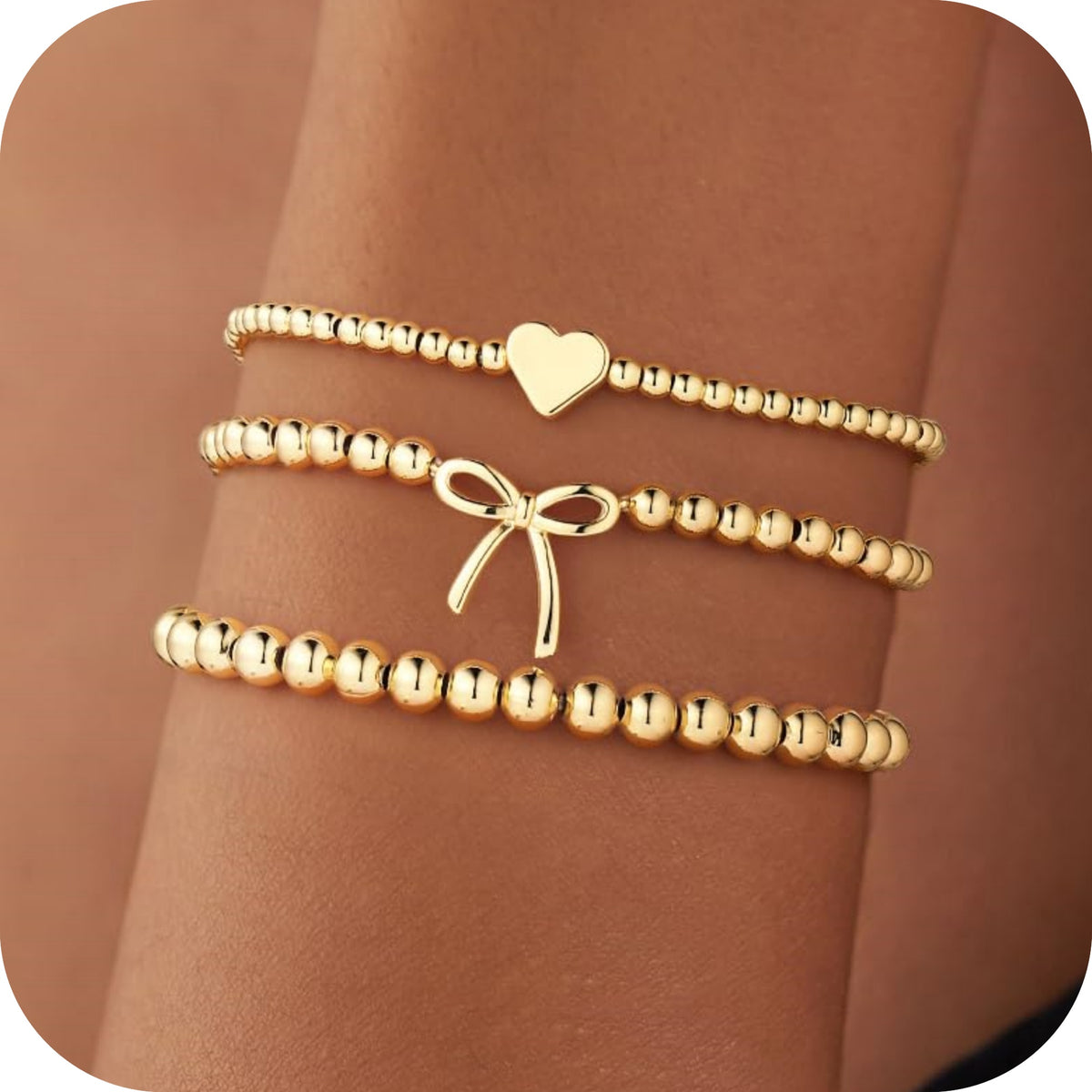 Turandoss Bow Bracelets for Women Jewelry Gifts Dainty 14K Gold Plated Bow Beaded Bracelets Stackable Heart Bead Bracelet Set Gold Round Ball Bracelet Jewelry Gifts for Women Trendy