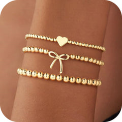 Turandoss Bow Bracelets for Women Jewelry Gifts Dainty 14K Gold Plated Bow Beaded Bracelets Stackable Heart Bead Bracelet Set Gold Round Ball Bracelet Jewelry Gifts for Women Trendy