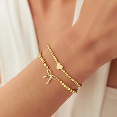 Turandoss Bow Bracelets for Women Jewelry Gifts Dainty 14K Gold Plated Bow Beaded Bracelets Stackable Heart Bead Bracelet Set Gold Round Ball Bracelet Jewelry Gifts for Women Trendy