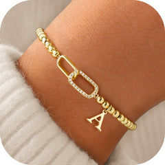 Turandoss Initial Bracelet Bracelets for Women 14K Gold Plated Cubic Zirconia Interlock Circles Letter A Initial Bracelet for Women Stretch Beaded Bracelets Jewelry Birthday Gifts