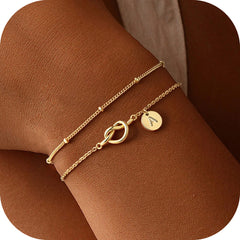 Turandoss Initial Bracelet Dainty 14K Gold Plated Knot Heart Disc Letter A Initial Bracelet Layered Link Charm Bracelets for Women Jewelry Birthday Gifts