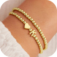 Turandoss Initial Bracelet for Women Dainty 14K Gold Plated Heart Bracelets for Women Trendy Initial Letter K Bracelet Beaded Charm Bracelets Personalized Jewelry Gifts