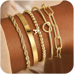 Turandoss Dainty 5PCS Initial A 14K Gold Plated Beaded Stretch Bracelet Non Tarnish Stackable Tie Knot Cuff Twisted Paperclip Bracelet Jewelry Easter Gifts for Women
