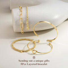 Turandoss Dainty 5PCS Initial A 14K Gold Plated Beaded Stretch Bracelet Non Tarnish Stackable Tie Knot Cuff Twisted Paperclip Bracelet Jewelry Easter Gifts for Women