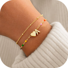 Turandoss Easter Gifts Easter Basket Stuffers Dainty Initial Gold Plated Bracelet Heart Letter A Initial Bracelet Colorful Link Charm Bracelets Jewelry for Women Girls