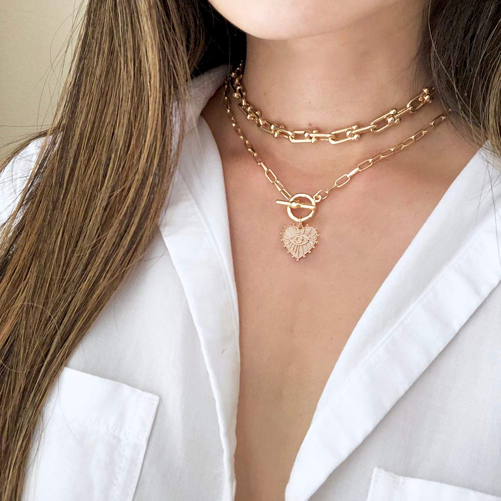 Heart Evil Eye Dainty Paperclip Chain Necklace