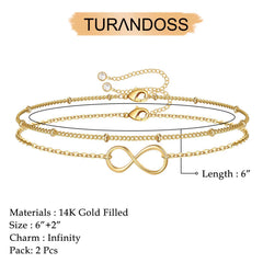 Turandoss 2PCS Dainty Infinity Layered Bracelets for Women Girls, 18K Gold Cute Stack Chain Link Bracelet Hypoallergenic, Jewelry Gifts for Women