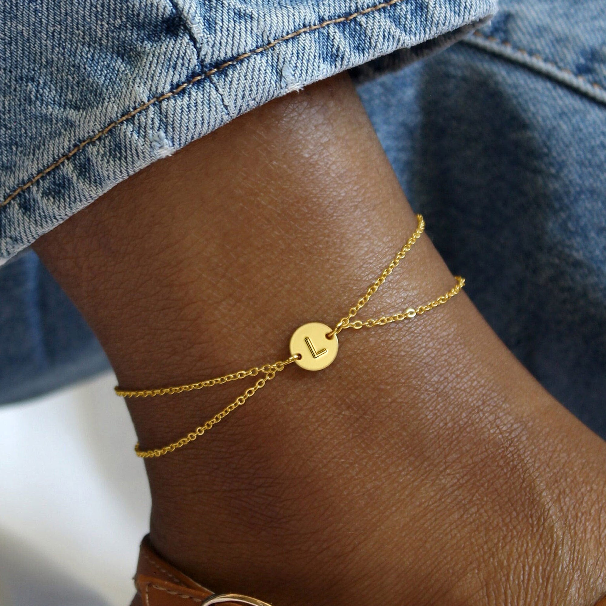 14k Gold Plated Gold Anklet With Initial A-Z Initial Letter