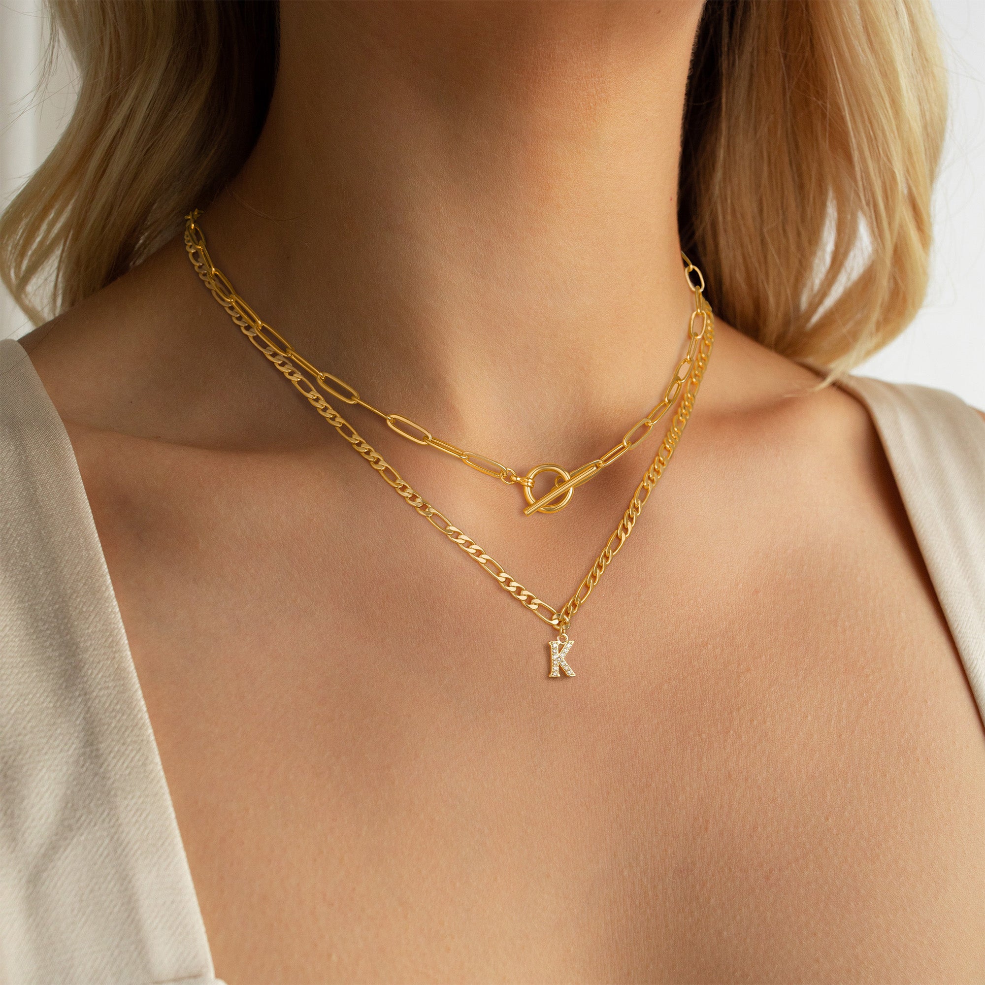 Dainty Gold Layering CZ Pendant Initial Toggle OT Clasp Necklace