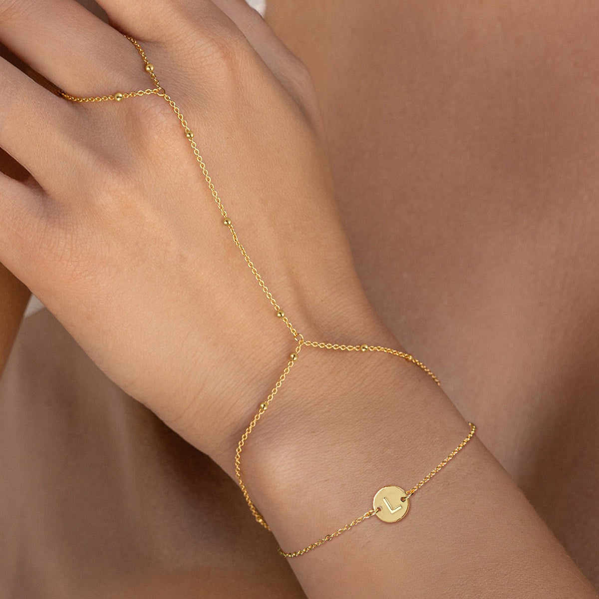 Turandoss 2PCS Initial Hand Chain Bracelet for Women Trendy - 18K Gold Layered Disc Letter Chains, Finger Rings Charm Bracelet Stack, Christmas Gifts