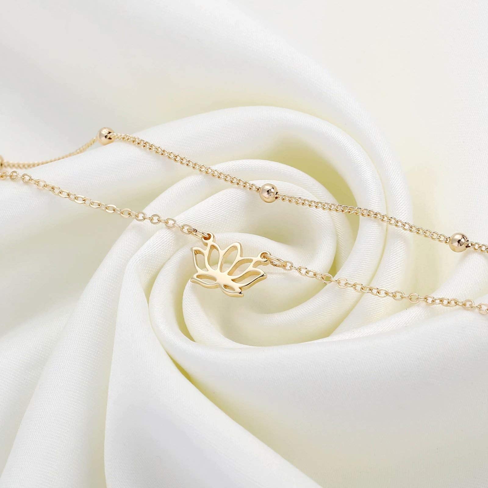 Lotus&Beads Chain Dainty Gold Bracelets for Women